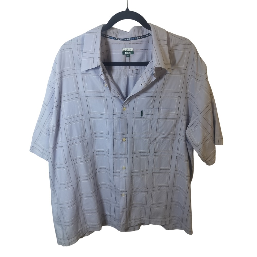 Paul Smith Jeans Mens XXL‎ Short Sleeve Button Down Shirt Blue Geometric Square